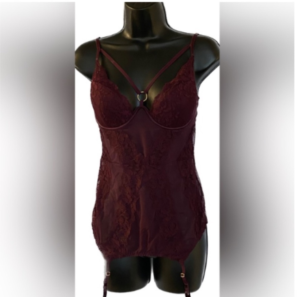 LWS WINE Lacy Sheer Long Corset with Garters, M *P1092